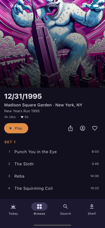 Show screen: 12/31/1995 at Madison Square Garden with full setlist